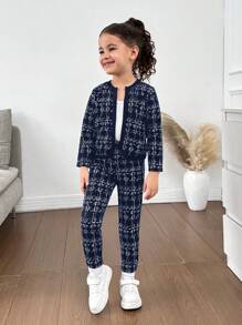 SHEIN Bộ 2 món Nova Glow Áo khoác kẻ caro đan cho bé gái và quần legging đan cùng màu - Màu xanh lam - Xem 4