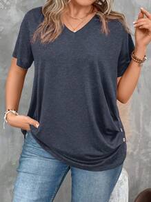 SHEIN Clasi Áo thun nữ tay ngắn xếp ly cổ chữ V trơn cỡ lớn - Màu xanh hải quân - Xem 3