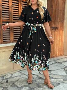 SHEIN VCAY Große Größen V-Ausschnitt Kurzarm Schleife Vorne Minimalistische Lässig Kleid