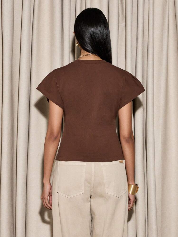 Casual Short Sleeve T-Shirt With Sculptural Shoulder Pleat Detail