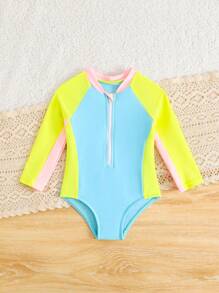 Traje de baño de una pieza de manga larga, ajustado, con cremallera frontal y unicolor para bebé niña - Multicolor - Ver 5