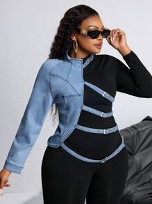 SHEIN CURVE+ Plus Size Women's Asymmetrical Button-Up Denim Jacket, Fashion Casual Outerwear - Blue - View 4