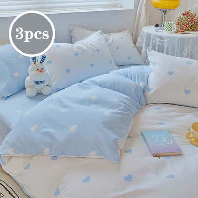 3 件套清新温暖心形印花被套，适合在校学生、宿舍装饰、情人节送给女生的礼物