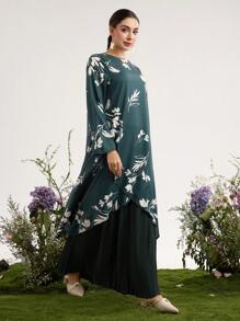 Graceveil 女式阿拉伯编织花卉印花褶皱长袖拼布长款休闲连衣裙 - 墨綠色 - 查看 6