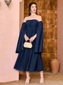 Modelyn Women Elegant Solid Color Off-Shoulder Midi Dress - Navy Blue - View 1