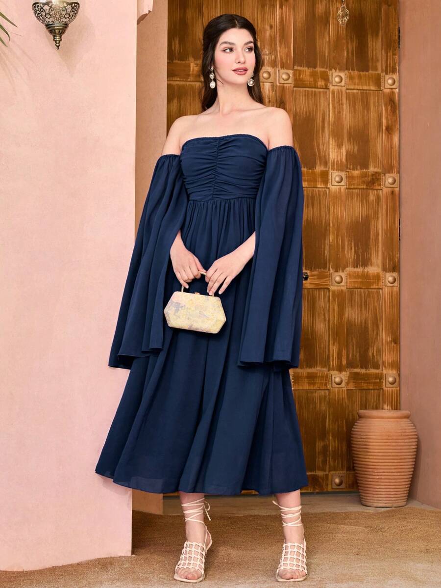 Modelyn Women Elegant Solid Color Off-Shoulder Midi Dress - Navy Blue - View 1