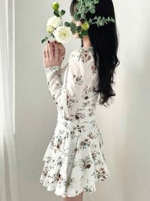 Đầm ngắn tay phồng cổ chữ V, eo nhún bèo dành cho nữ, đầm thu tay dài phong cách Boho - trắng - Xem 5