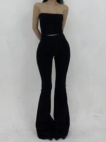 Strévra Women High Stretch Solid Color Simple Skinny Flare Pants, Casual Daily Wear