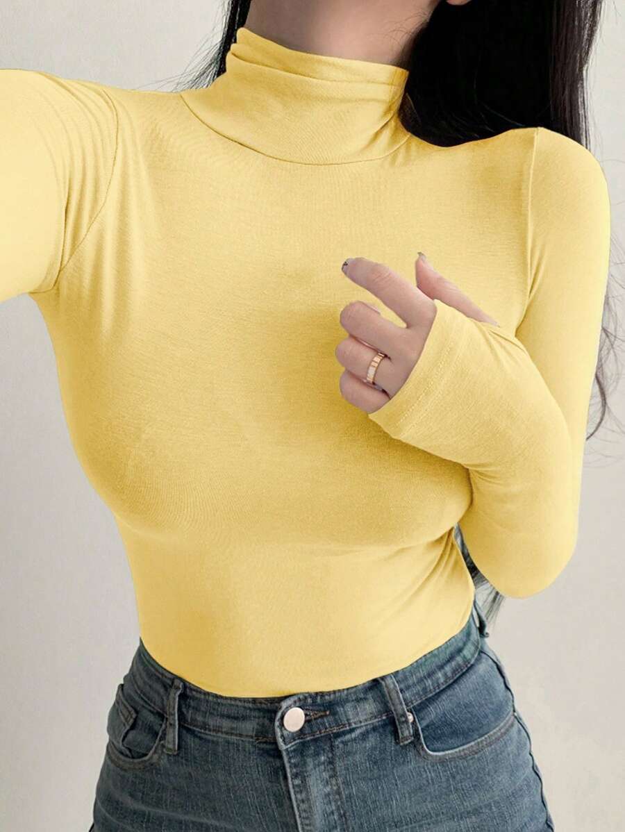 DAZY Women's Casual Yellow Rib-Knit Turtleneck Top Soft Knitted Fabric Long Sleeve And Regular Fit For Everyday Style Spring/Summer/Autumn,Back To School Clothes,Fall Women Clothes - Yellow - View 1