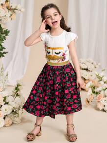 SHEIN Abaya Kaftan Jalabiya con estampado de flor nacional y retrato de niña con mitad de la cara, rosa burdeos, blusa y falda maxi con cinta tejida y flecos, conjunto de lujo de 2 piezas con estampado floral, para niñas en el Día Nacional - Multicolor - Ver 5