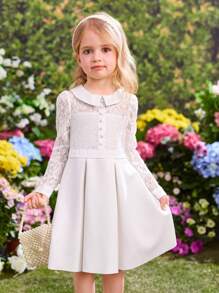 SHEIN SHEIN Young Girl Fall/Winter Christmas Elegant Contrast Lace Collar Fold Pleated Dress