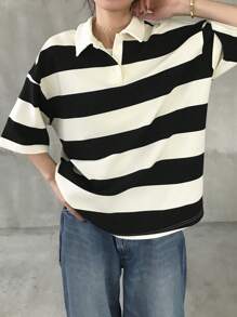 FRIFUL Women Loose Stripe T-Shirt With Polo Collar And Mid-Length Sleeve, Casual Summer Wear Oversized T-Shirt