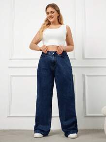 SHEIN Cottnline 100% Cotone rigido, vita alta, vestibilità ampia - Blu lavato medio - Visualizzare 4