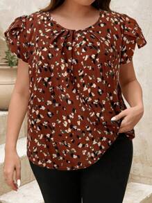 SHEIN Clasi Camisa de tallas grandes con estampado floral, cuello con volantes y mangas de pétalos - Marrón - View 4