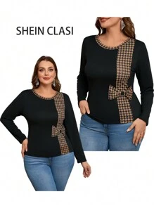 SHEIN Clasi Koszulka z dzianiny z długim rękawem i rozciągliwym wzorem w kratkę w kratkę w stylu vintage