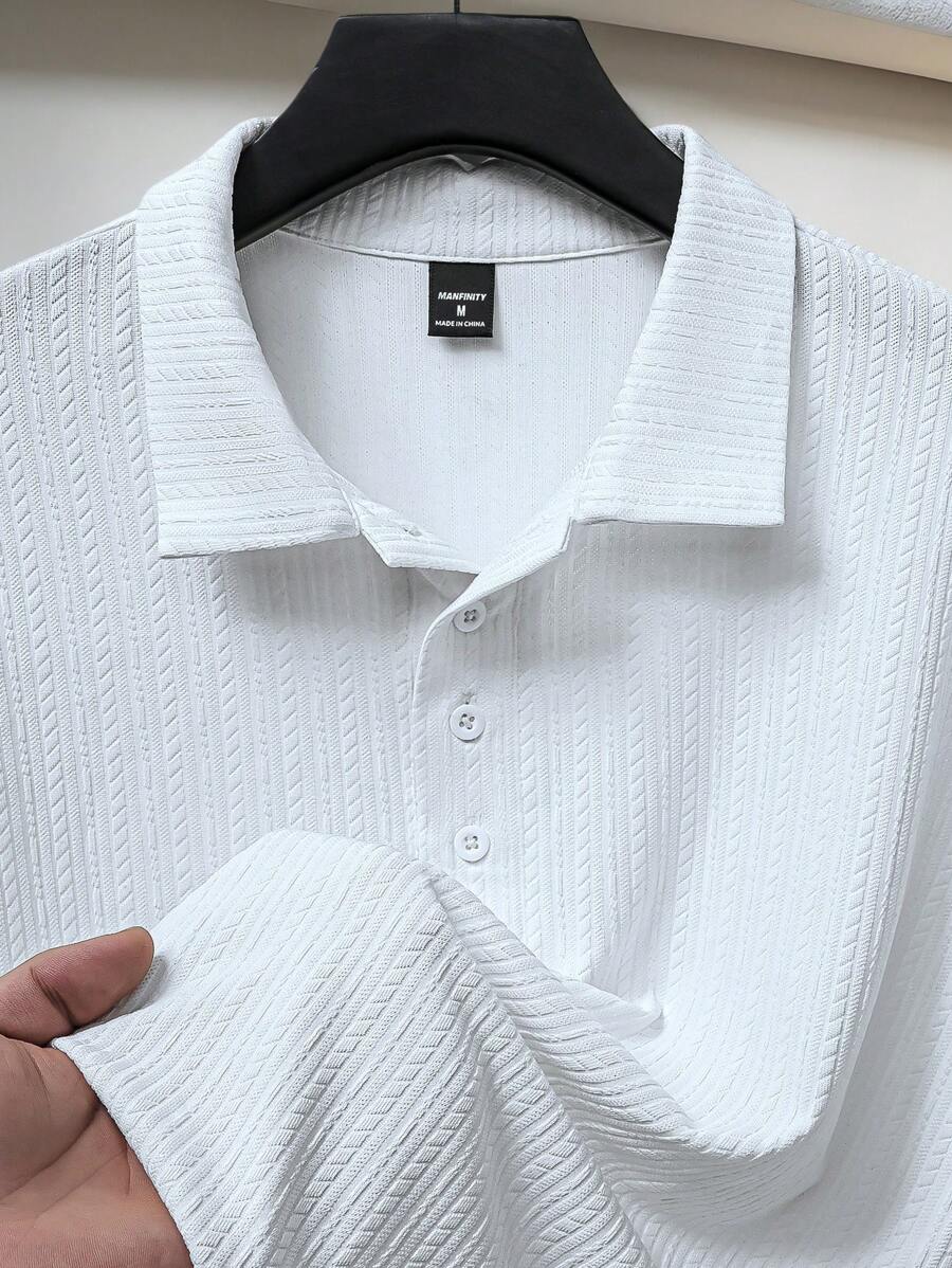 Manfinity Homme 男式纯色前扣长袖休闲上衣 - 白色 - 查看 1