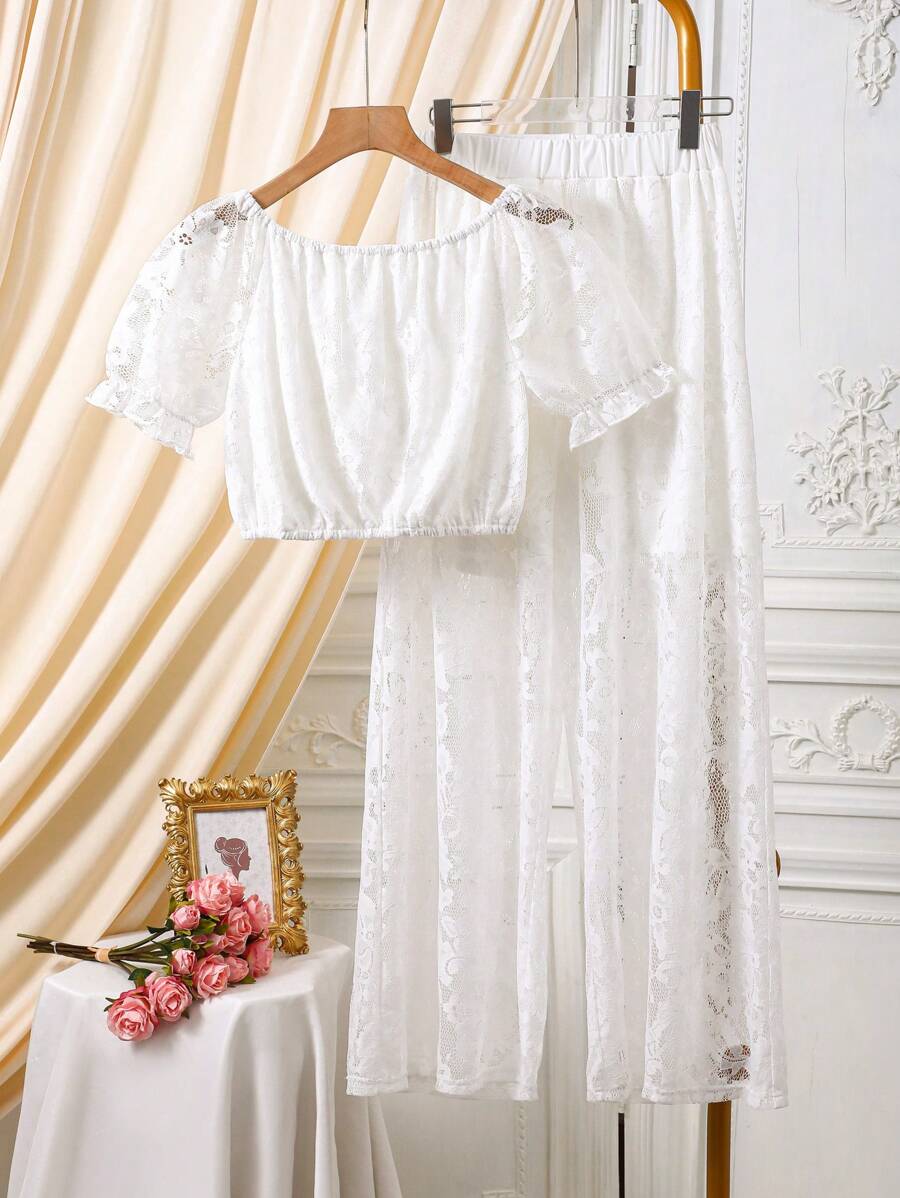 Women's White Lace Set, Elegant Fashion Casual Versatile Cute, Suitable For Spring/Summer Outfits, Matching Family Look - White - View 1