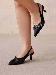 CUCCOO CURVES Giày cao gót mũi nhọn dáng rộng cỡ lớn, quai ngang mắt cá chân bằng vải satin màu đen thanh lịch, dùng được cho mọi mùa - màu đen - Xem 9