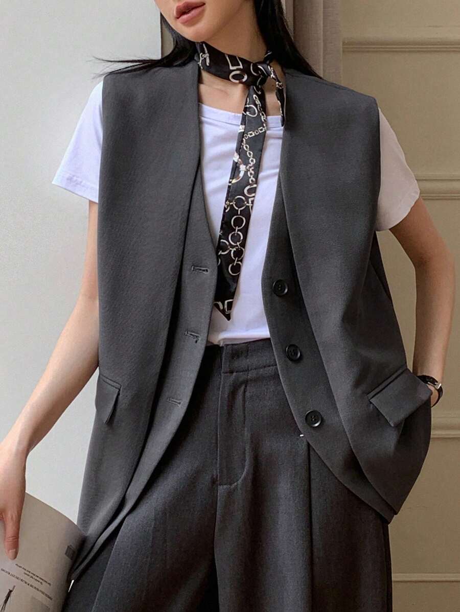 DAZY 女士前扣口袋休闲无袖两合一马甲西装外套秋冬商务装 - 灰色 - 查看 1