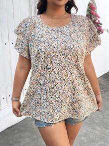 SHEIN LUNE Floral Ruffle Trim Plus Size Women's Casual Shirt, Fresh And Romantic Spring Break Boho Rave Festival Spring Break Old Money Style Women Rave Summer Spring For Women Beach Saint Patrick Easter Lounge Top For Women Summer Vacation Woman Easter Rave Festival Boho Women Country Women Country Concert Spring For Women Summer Western Wear Women Top - Multicolor - View 6