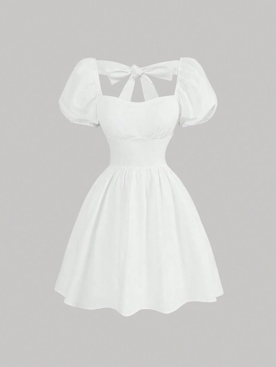 SHEIN MOD White Solid Color Backless Bowknot Design Dress For Women - White - View 1