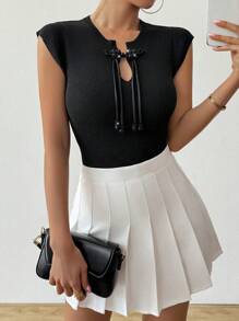 Chiquease 女式圆领盖袖短袖纯色纽扣针织上衣，春夏 - 黑色 - 查看 7