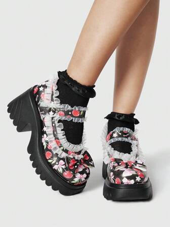 Kawaii Women's Black Mary Jane Shoes, Lace Trim, Strap With Bow Decor, Sweet High Heels, Thick Platform Wedges, Dress Shoes