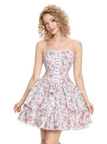SHEIN MOD Strapless Front Lace Spliced ​​Layered Cake Ditsy Floral Dress, Spring Date Wear, Valentine's Day Dress, Vacation Dress, Summer Dress, Bohemian Style Dress, Women's Retro Dress - Multicolor - View 1