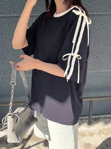 FRIFUL Women's Black Loose T-Shirt With Contrast Bow Tied Collar, Sweet Style, Summer