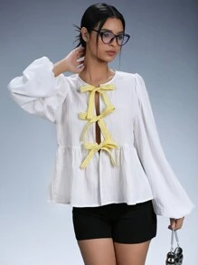 GENKIRA Blusa de mujer con bloques de color, rayas, lazo y volantes en el dobladillo con mangas abullonadas - Blanco - Ver 6