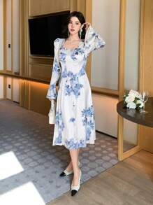 DAZY Women's Elegant Large Floral Print Dress, Summer Maxi Dress - White - View 7