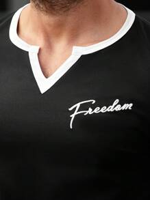 Manfinity Homme Men's Solid Color Splicing V-Neck Short Sleeve Letter Print Minimalist T-Shirt - Black - View 5