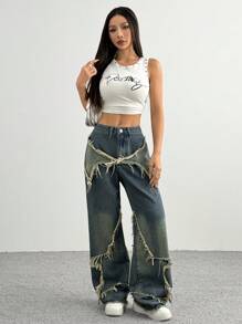 SHEIN EZwear Fashionable Contrast Color Block Star Pattern Frayed Hem Wide Leg Jeans - Dark Wash - View 3
