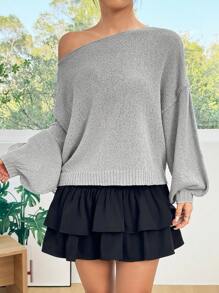 SHEIN EZwear Sweater Lengan Panjang Longgar Bahu Miring Wanita, Pakaian Kasual Sehari-hari - Grey - View 2