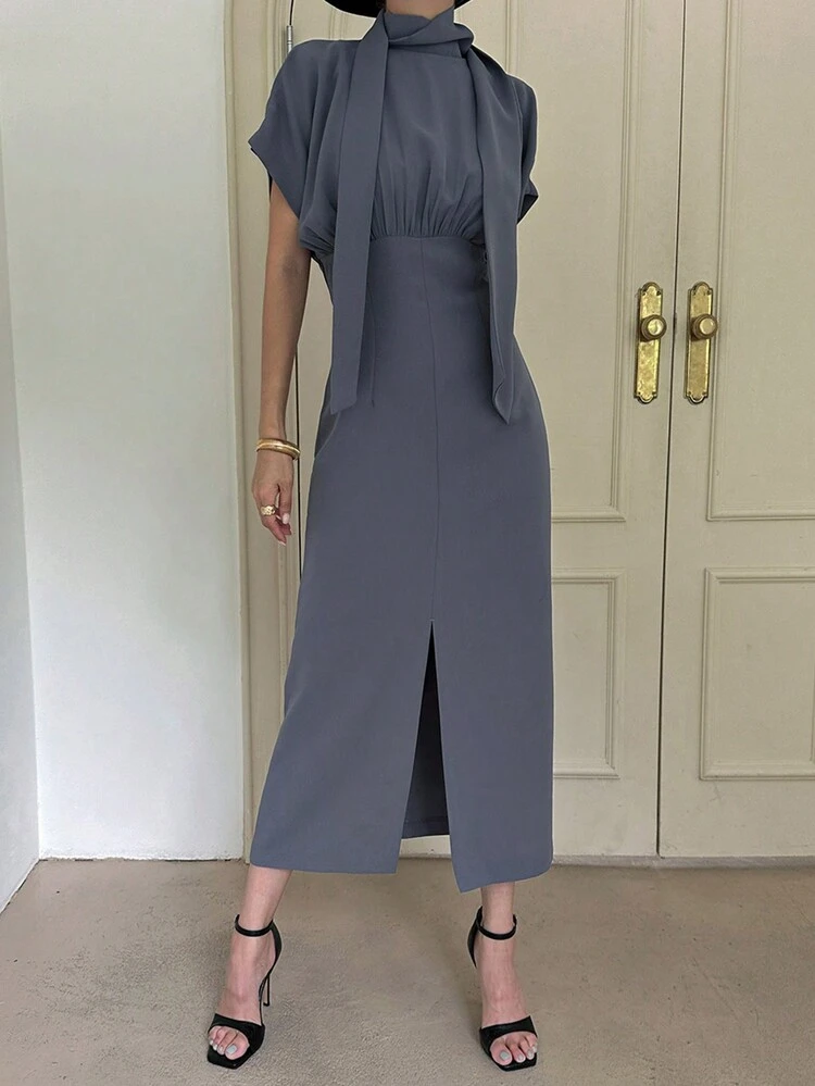 Women's Short Sleeve Waist Cinched Mid-Length Split Hem Dress Maxi Dress
