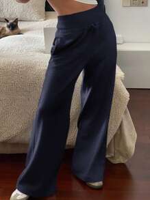 DAZY 女式休闲运动纯色宽松抽绳腰长裤，春夏运动裤 - 藏蓝色 - 查看 3