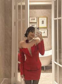 Elenzga Valentine's Day Red Long Sleeve V-Neck Cinched Waist & Ruched Bodycon Elegant Romantic Dress For Women