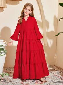SHEIN Tween Girls' Loose V-Neck Layered Textured Fabric 3/4 Sleeve A-Line Dress - Red - View 6