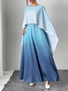 Firerie 女士优雅浪漫雪纺渐变长袖两件套，高腰 A 字长裙，适合情人节、晚宴、秋冬/春季 - 藍色 - 查看 5