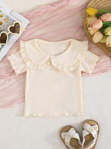 SHEIN Vintaside Kids 3pcs/Set Baby Girls' Summer Cute Peter Pan Collar Solid Color + Striped Multicolor Casual Comfortable Versatile Outdoor Shirts