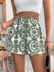 SHEIN Frenchy Women's Holiday Plant Print Waist Tie Ruffle Hem Shorts Summer Vacation Flower Green - Green - View 1