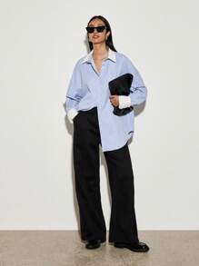 AiiRZ Oversized Pin Stripe Button Down Shirt Collared Office Wear Professional Business Casual Long Sleeve Contrast Cuff Blouse Spring Summer - Multicolor - View 3