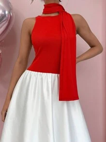 SHEIN Essnce 女士休闲勃艮第红白连衣裙纯色短袖连衣裙缎面蓬蓬裙中长版连衣裙泡泡 2 件套女士长裙配围巾新年女士服装连衣裙休闲度假服装女士圣诞连衣裙女士情人节