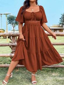 Sunnyshic Robe ample pour femmes avec col carré à encolure en forme de cœur de poulet, manches à volants, patchwork, coupe évasée, style vintage, décontracté, mignon et élégant. Robe d'été petite taille