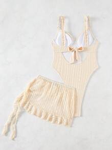 Swim SXY Sexy Women's Solid Color Spaghetti Strap Ruffled Edge Wire-Rimmed Front Bow Monokini & Double Layered Ruffle Hem Beach Skirt, 2pcs Set For Summer Beach Vacation - Apricot - View 5