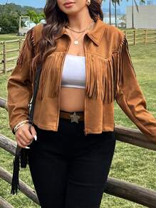 Sunspun Plus Size Faux Suede Fringe Short Jacket Fall Winter Cloth For Women Autumn