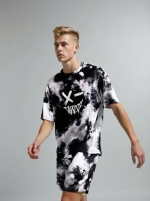 SHEIN 2pcs Set Teen Boy's Face Graphic Color Block Short Sleeve T-Shirt And Shorts Set, Friends;Spring Wear; Teen Boys' Clothing; Teen Boy' Jackets, Spring Back To School - Black and White - View 1