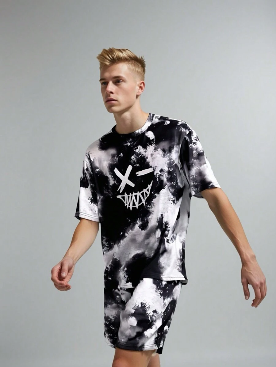 SHEIN 2pcs Set Teen Boy's Face Graphic Color Block Short Sleeve T-Shirt And Shorts Set, Friends;Spring Wear; Teen Boys' Clothing; Teen Boy' Jackets, Spring Back To School - Black and White - View 1