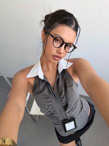SHEIN Essnce 女式露背衬衫 - 女式条纹办公衬衫，高知风格女式上衣，撞色领子，胸前褶皱衬衫 - 灰色 - 查看 3