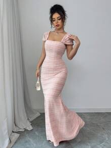 Rafferiza Damen figurbetontes Bodycon-Kleid im französischen Stil mit quadratischem Ausschnitt und Fischschwanz-Strickmuster - Rot - Übersicht 4